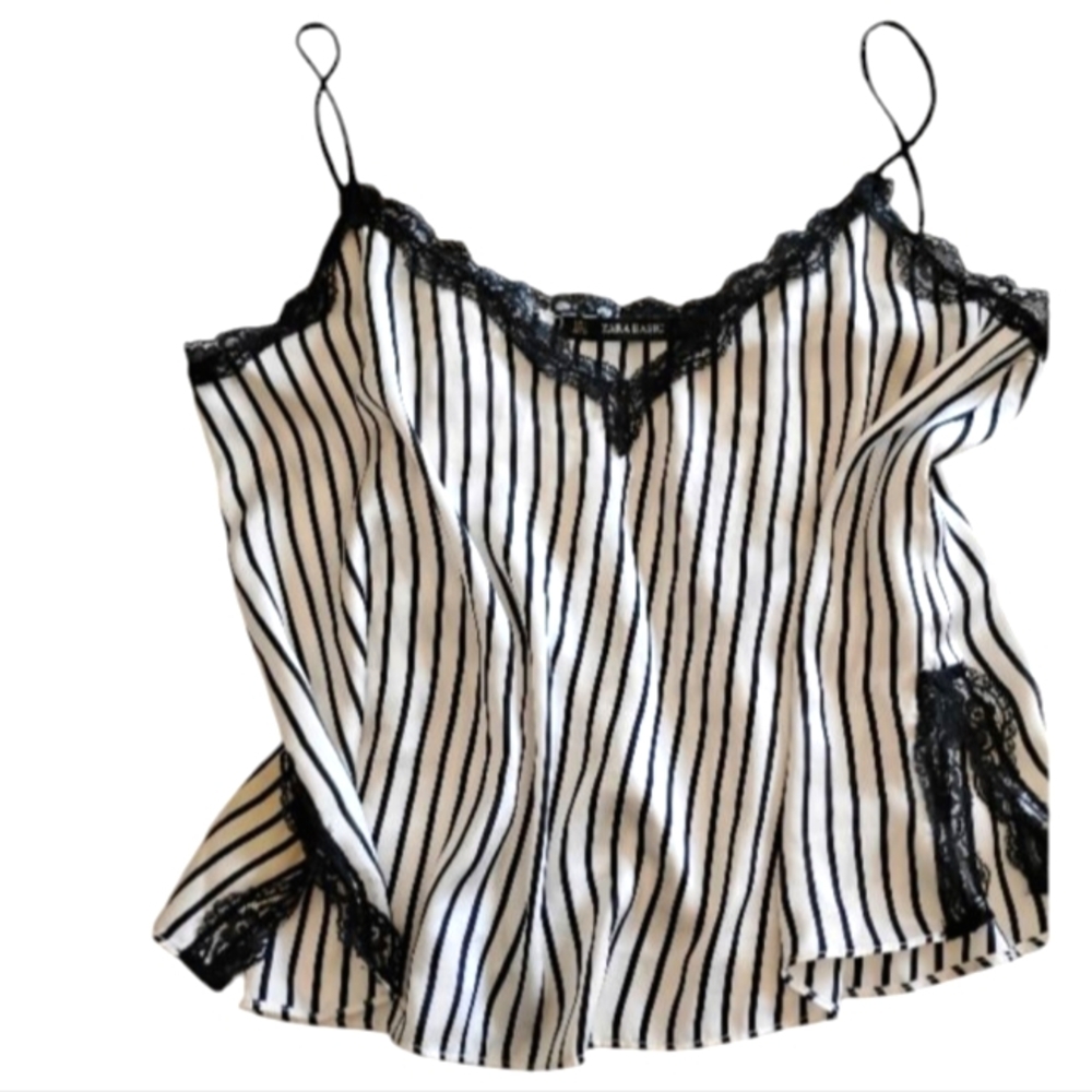 Zara Black and White Striped Lace-Trim Camisole